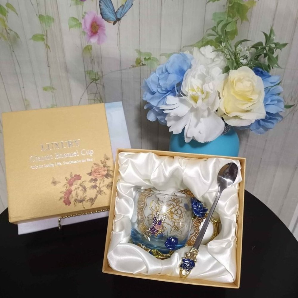 Glass Coffee Mug Enamel Butterfly and Rose